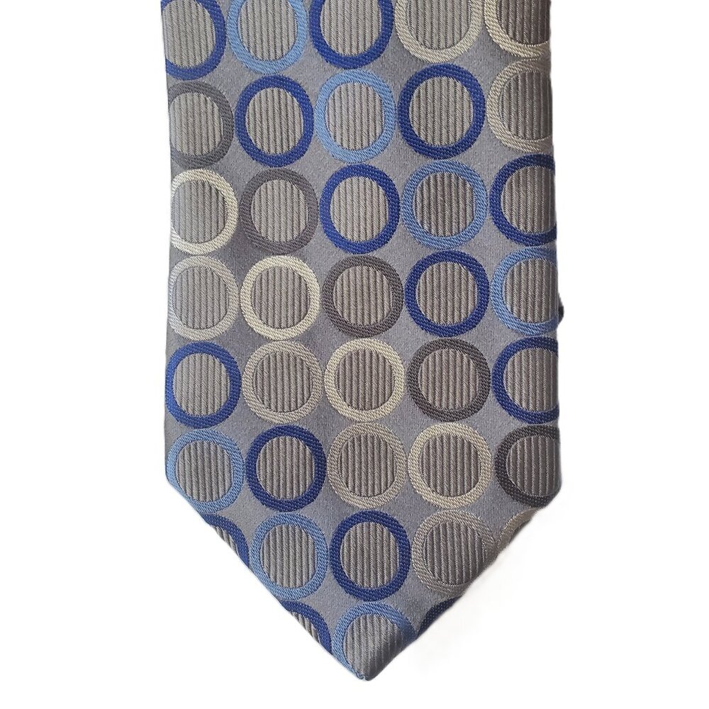 Michael Kors necktie 100% Silk, Blue, Grey & Silver circles on Grey 61"x 3.5"